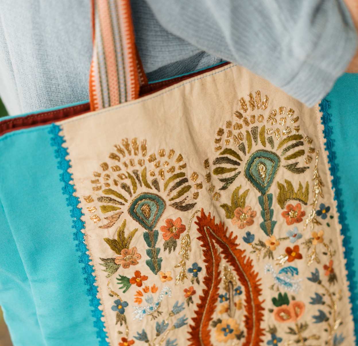 Shoulder Bag with Vintage Embroidery in Light Blue - Image 4