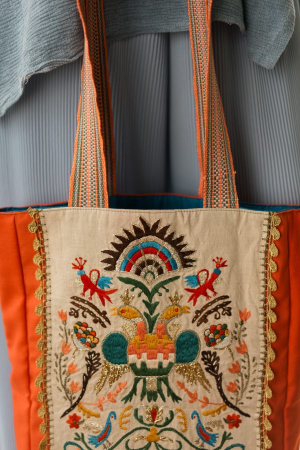 Shoulder Bag with Vintage Embroidery in Coral Color